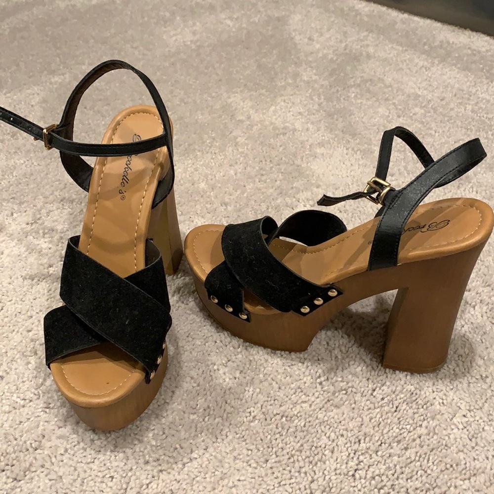 Black/Tan Summer Platform Chunky Heels